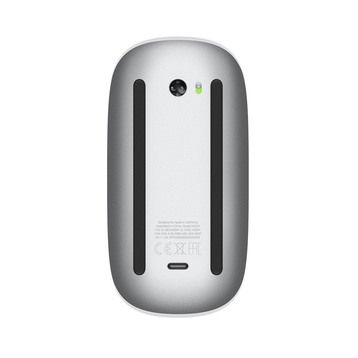 Underside of the 2024 Magic Mouse (v3) showing its USB-C charging port